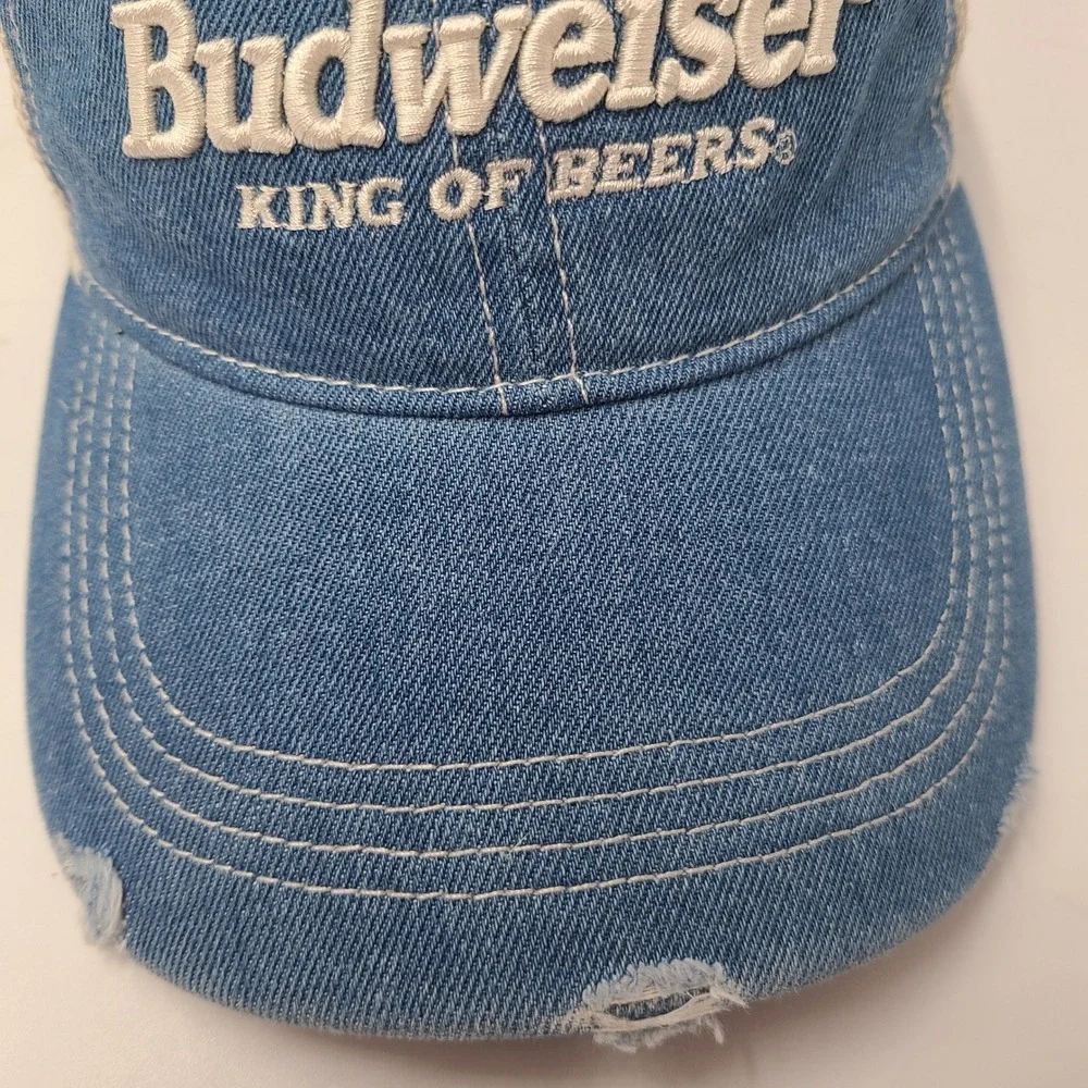 Budweiser Hat Strapback American Eagle Trucker Mesh Blue Beige Distressed Denim